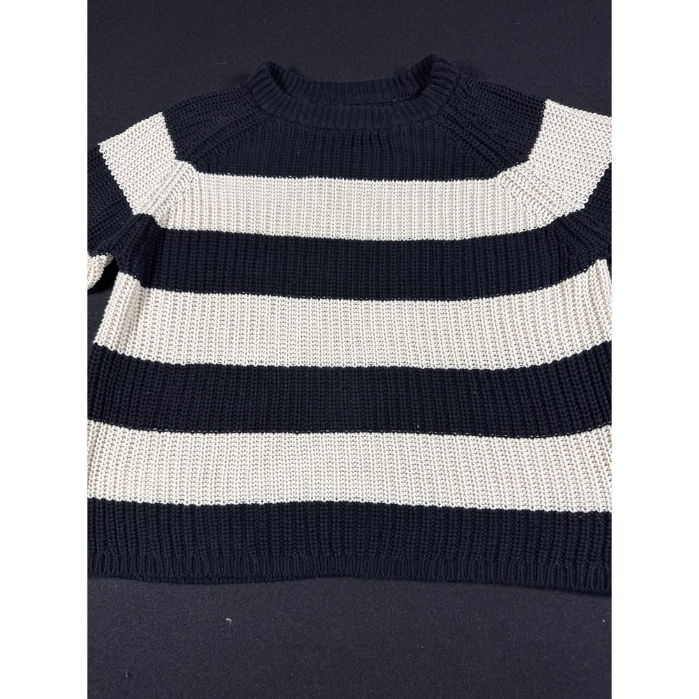 Velvet by Graham & Spencer Striped Cotton Chunky Knit Sweater Navy Cream Large
